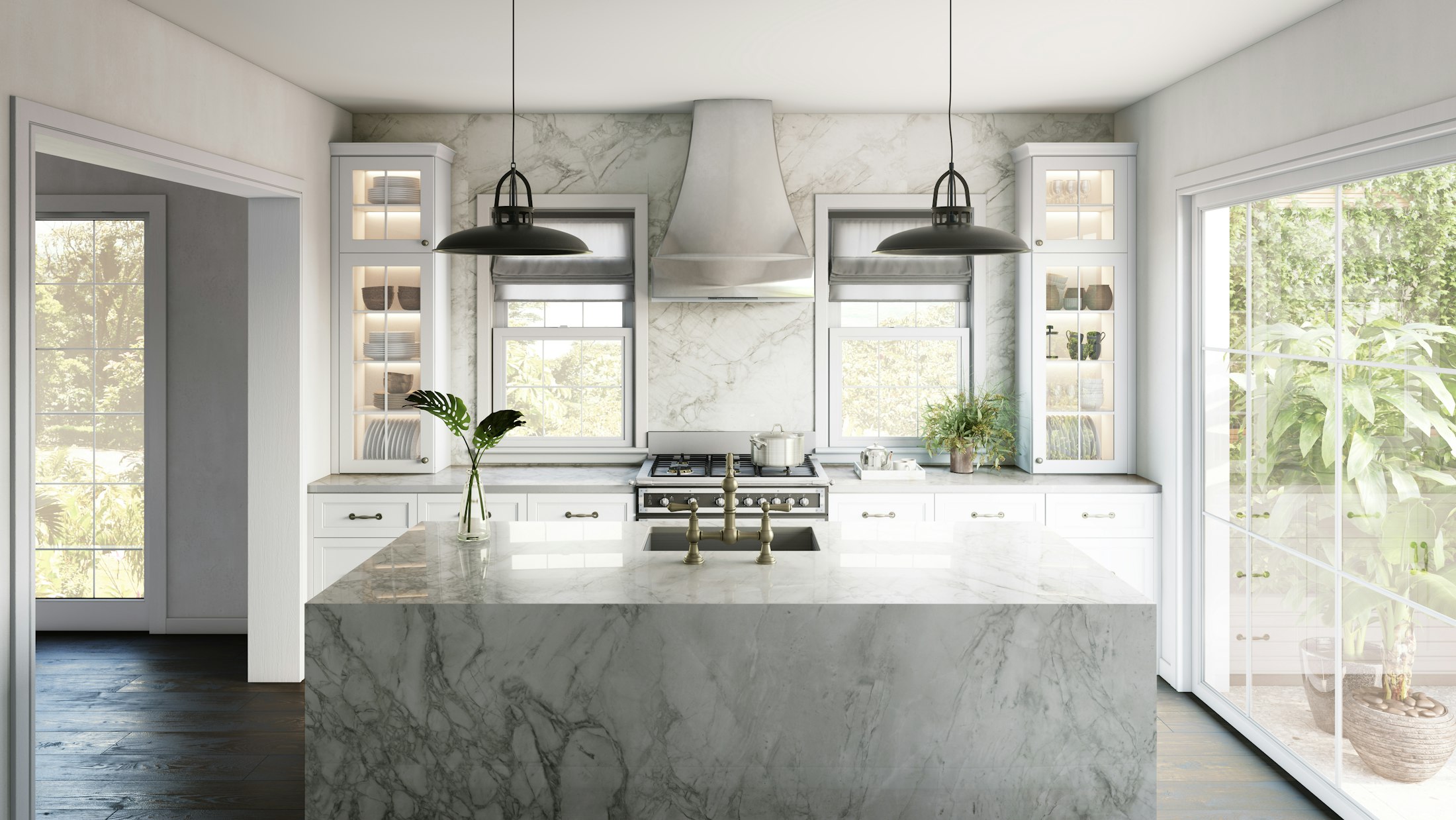 Dekton countertops in a bright white kitchen with a marble-look island and waterfall edge