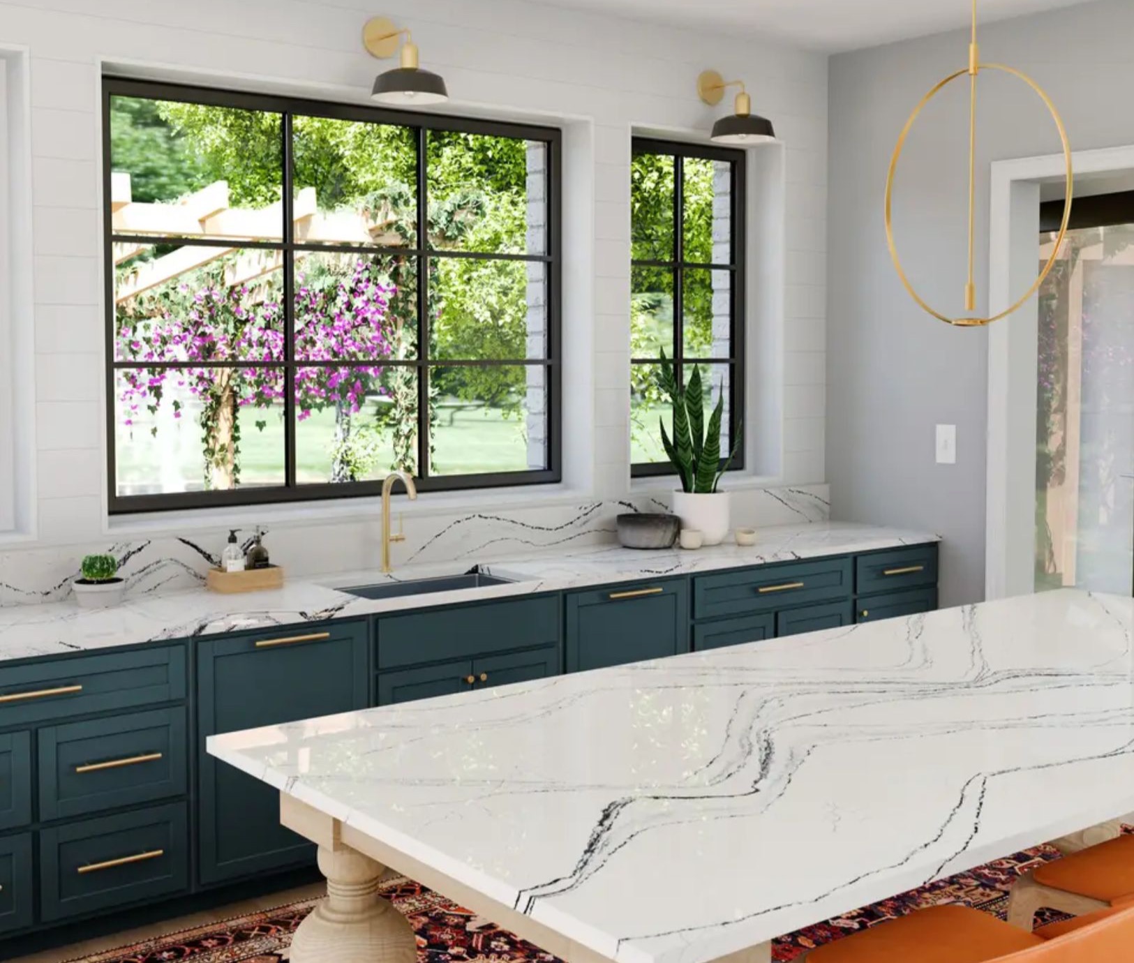 Kitchen sink set in a quartz countertop